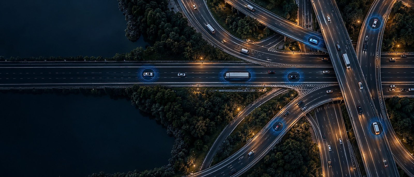Vista aérea nocturna de un nudo de autopistas con varios vehículos señalados por el sistema de localización