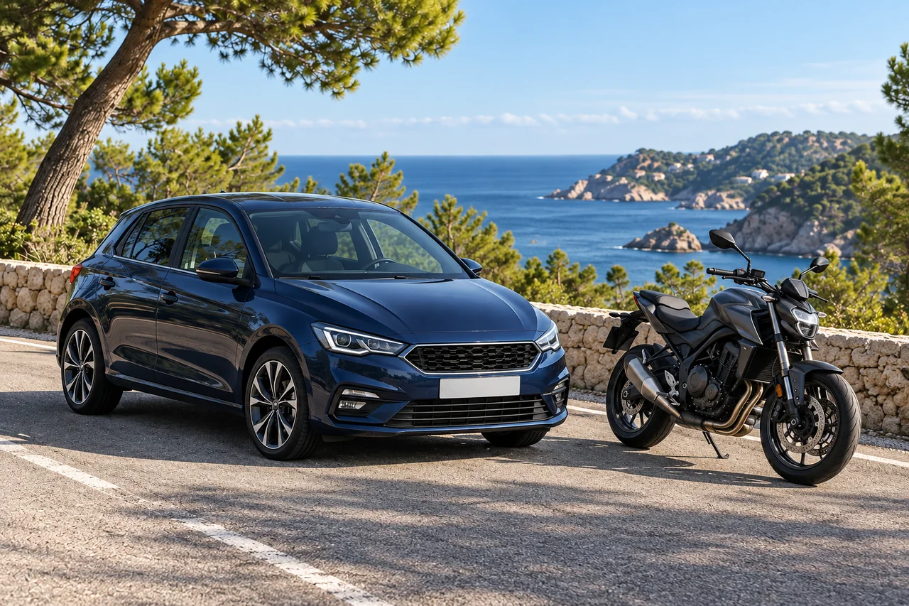 Coche azul y moto junto a una carretera de la costa