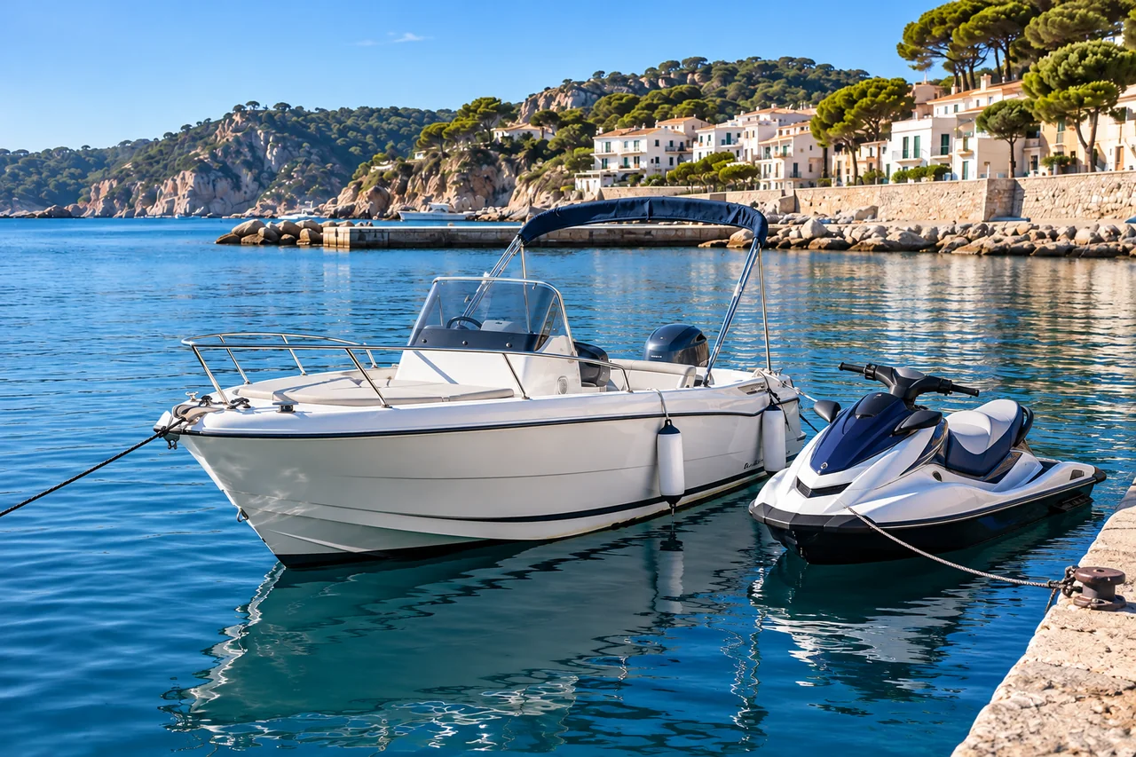 Embarcación de recreo y moto de agua amarradas en un puerto mediterráneo