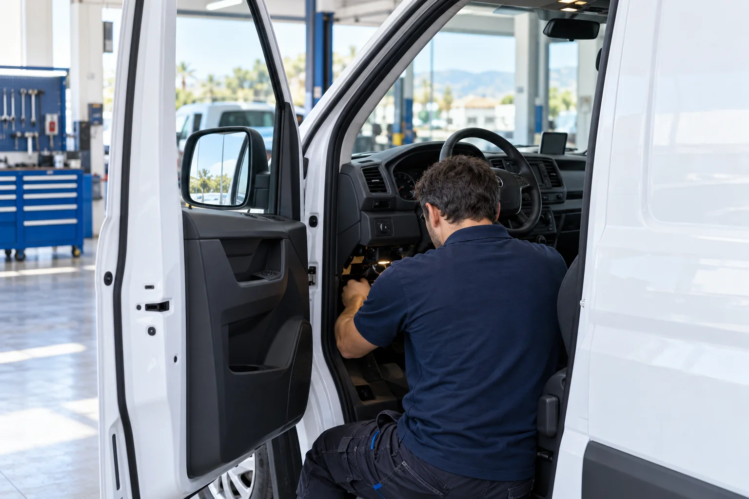 Técnico trabajando en el interior de una furgoneta en un taller