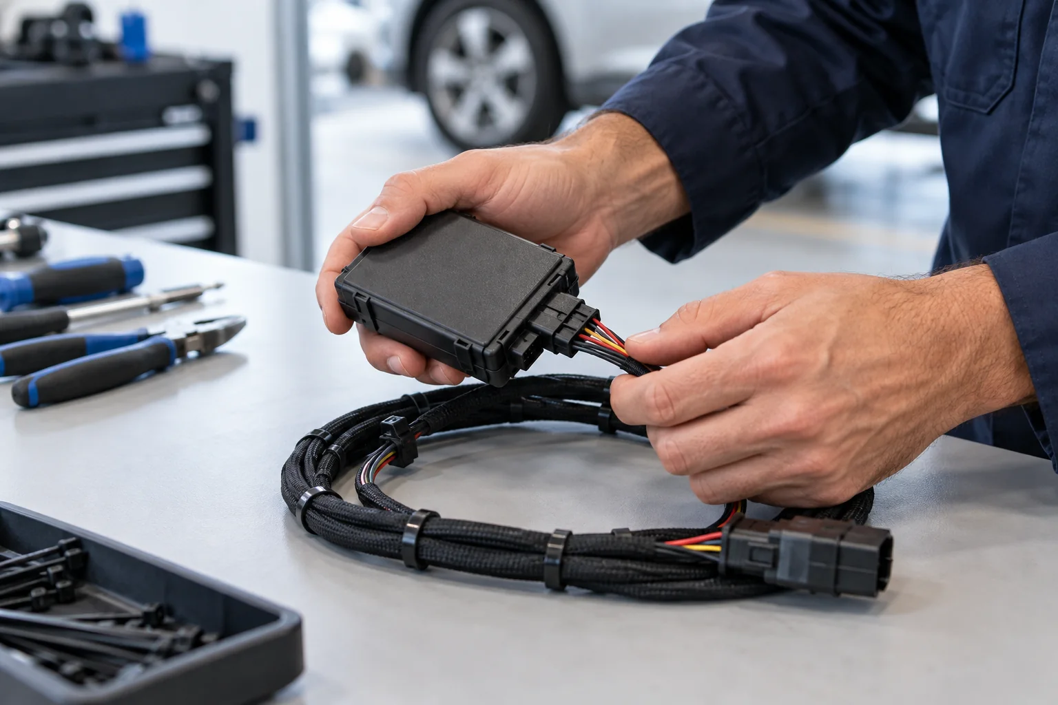 Manos de un técnico preparando un dispositivo GPS y su cableado