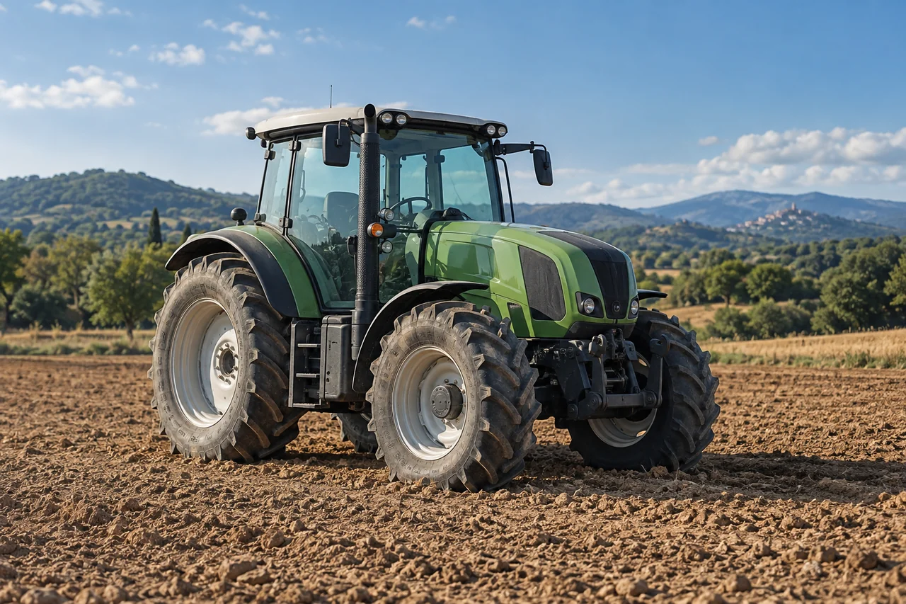 Tractor agrícola verde en un campo cultivado
