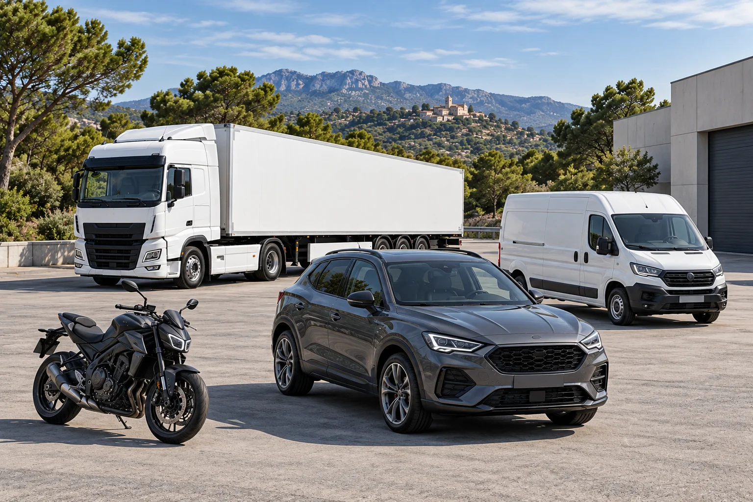 Moto, coche particular, furgoneta y conjunto de camión en un recinto mediterráneo