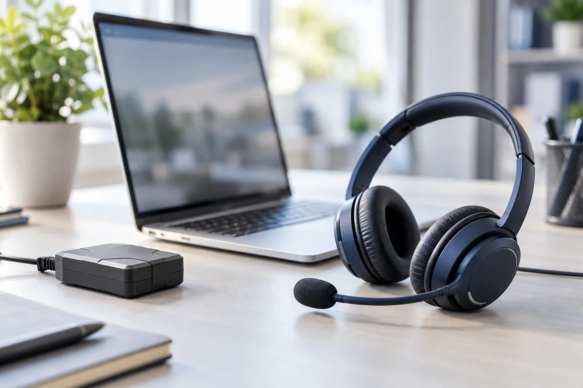 Auriculares de atención al cliente junto a un portátil y un dispositivo de localización GPS
