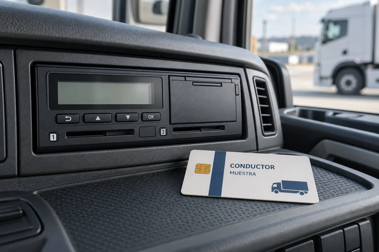 Tacógrafo digital y tarjeta de conductor de muestra en el interior de un camión